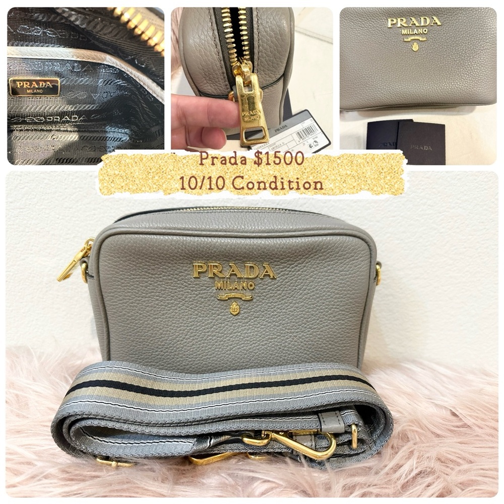 Prada Gray Leather Shoulder Bag with Gold Accents